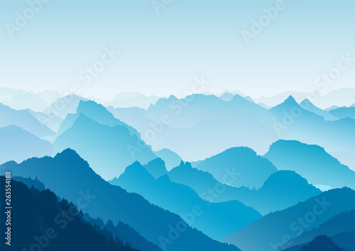 Flat mountain landscape. Morning in the mountains. Tourism and travelling. Vector flat design