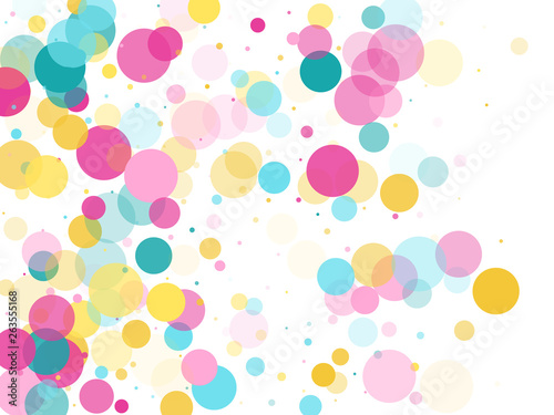 Memphis round confetti festive background in cyan blue, pink and yellow. Childish pattern vector.