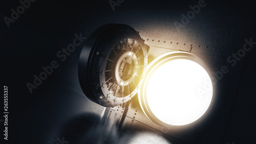 Open bank vault with a bright light, 3D illustration