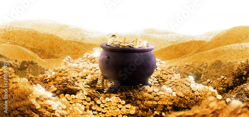 3D illustration of a cauldron on a pile of golden coins photo
