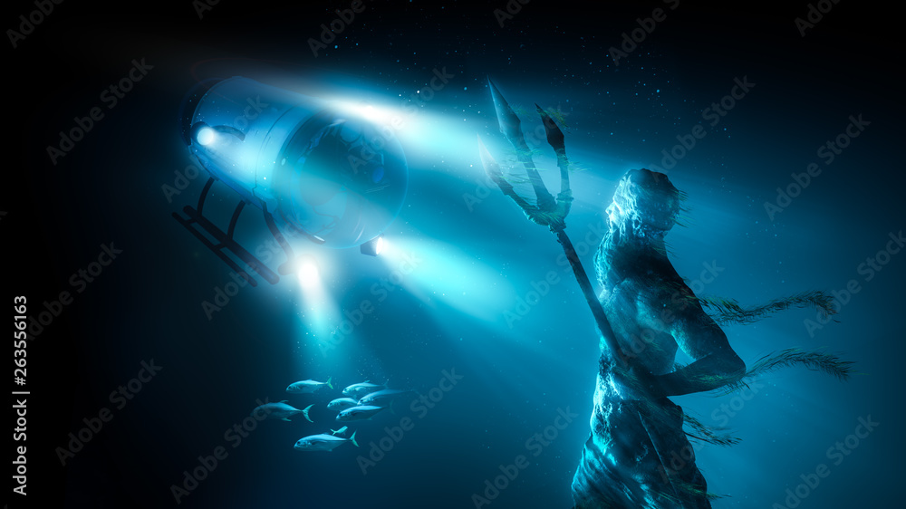 Obraz premium Statue of poseidon sunk in the ocean lit by a research submarine