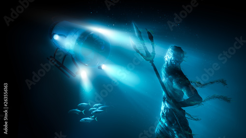 Statue of poseidon sunk in the ocean lit by a research submarine