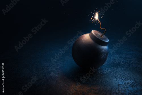3D rendering of a round bomb about to explode