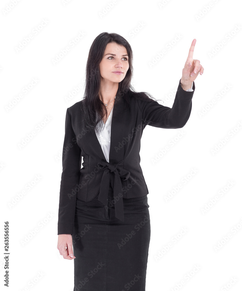 smiling business woman pointing at white space. smiling business woman pointing at white space.