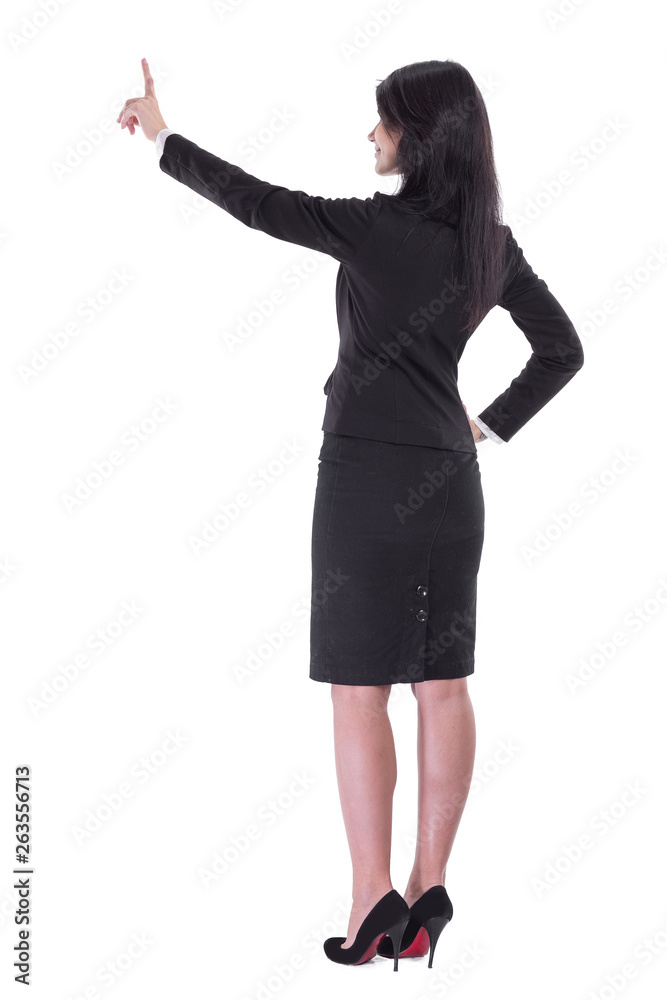 rear view.business woman pointing to virtual point rear view.business woman pointing to virtual point
