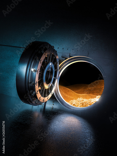 Open bank vault with a bright light, 3D illustration