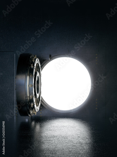 Open bank vault with a bright light, 3D illustration photo