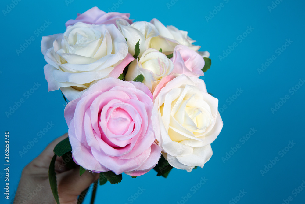 mans hand holding a bouquet of roses on blue background