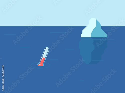 Iceberg and thermometer in the ocean. Ecological concept.