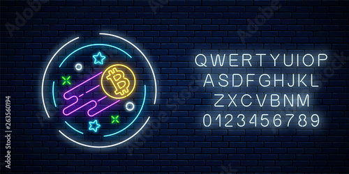 Neon sign of growing bitcoin currency with alphabet. Cryptocurrency grow emblem with star shapes in circke frame