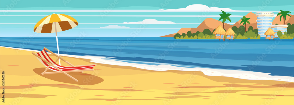 Summer seascape, beach, summer vacation, chaise lounge umbrella on the sea