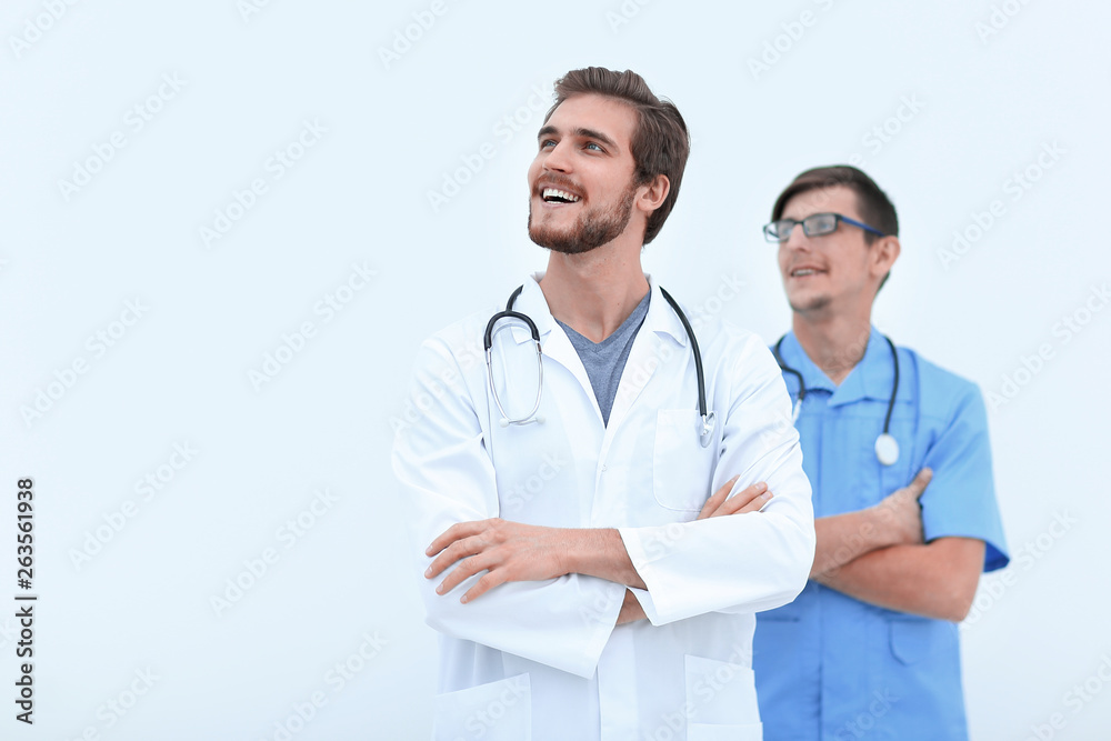 confident doctor and assistant .isolated on white confident doctor and assistant .isolated on white