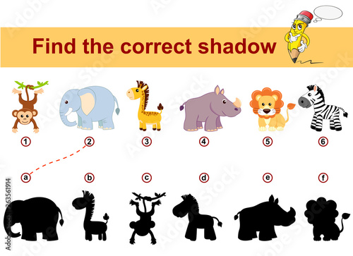 Fototapeta Naklejka Na Ścianę i Meble -  Find correct shadow. Kids educational game. African animals. Lion, elephant, giraffe, monkey, zebra and rhinoceros