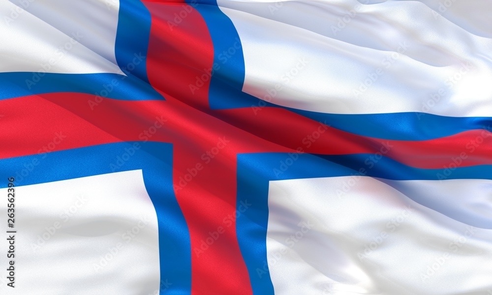 Fototapeta premium Realistic silk material Faroe Islands waving flag, high quality detailed fabric texture. 3d illustration