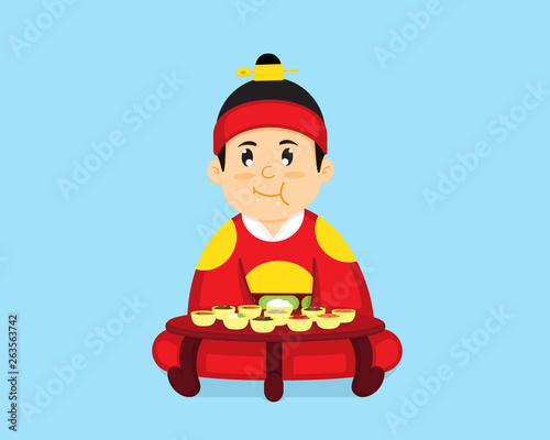 The Korean king is sitting to eat Korean food.