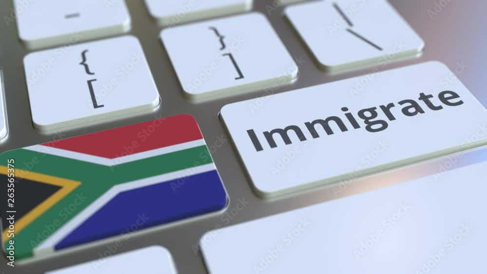 IMMIGRATE text and flag of South Africa on the buttons on the computer keyboard. Conceptual 3D animation IMMIGRATE text and flag of South Africa on the buttons on the computer keyboard. Conceptual 3D animation