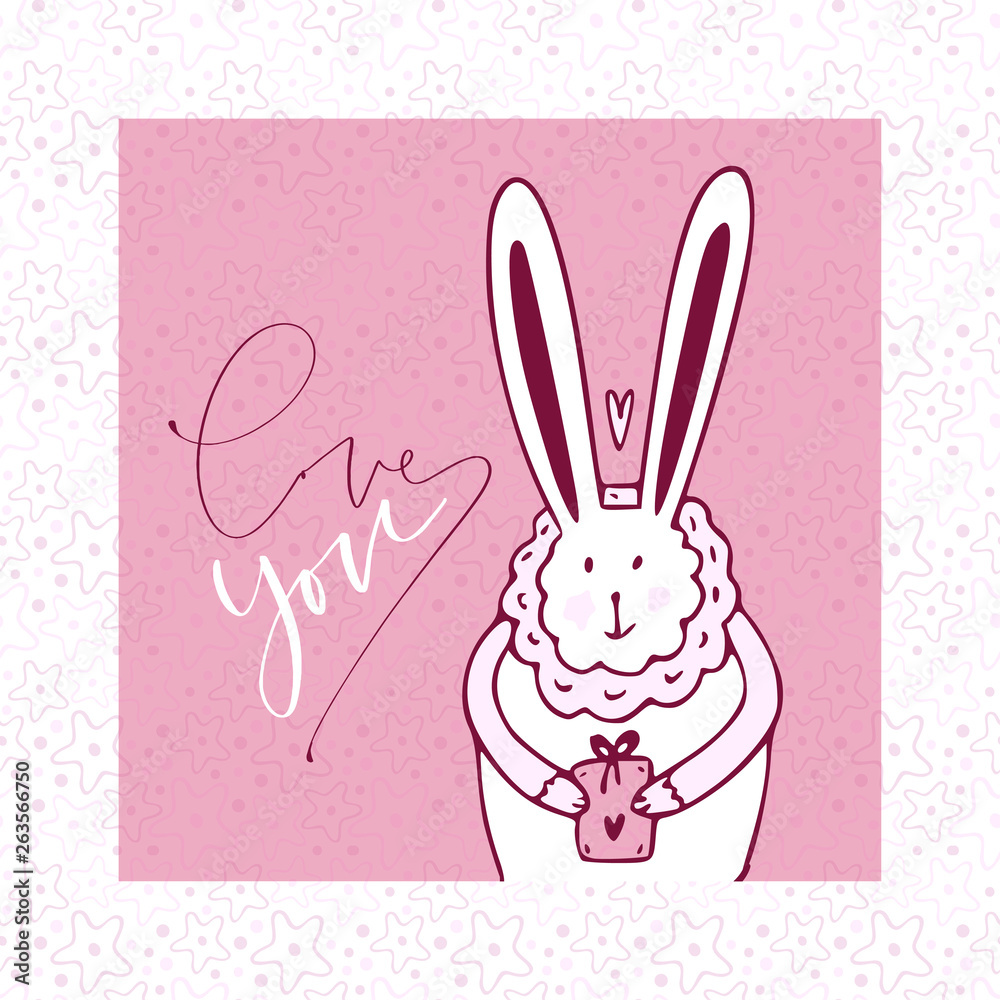 Cute bunny with gift. Greeting Love you card. White bunny illustration. Cute bunny with gift. Greeting Love you card. White bunny illustration.