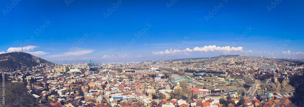 Large panorama with a view from the height of a beautiful tourist city with buildings and houses, trees and plants, nature against the blue sky. European old architecture