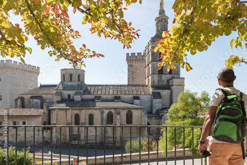 Tourist admiring the side facade of the cathedral and Popes' Palace of Avignon