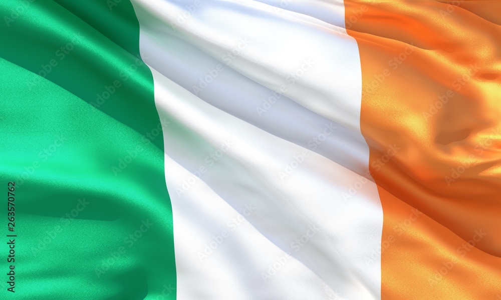 Realistic silk material Ireland waving flag, high quality detailed fabric texture. 3d illustration