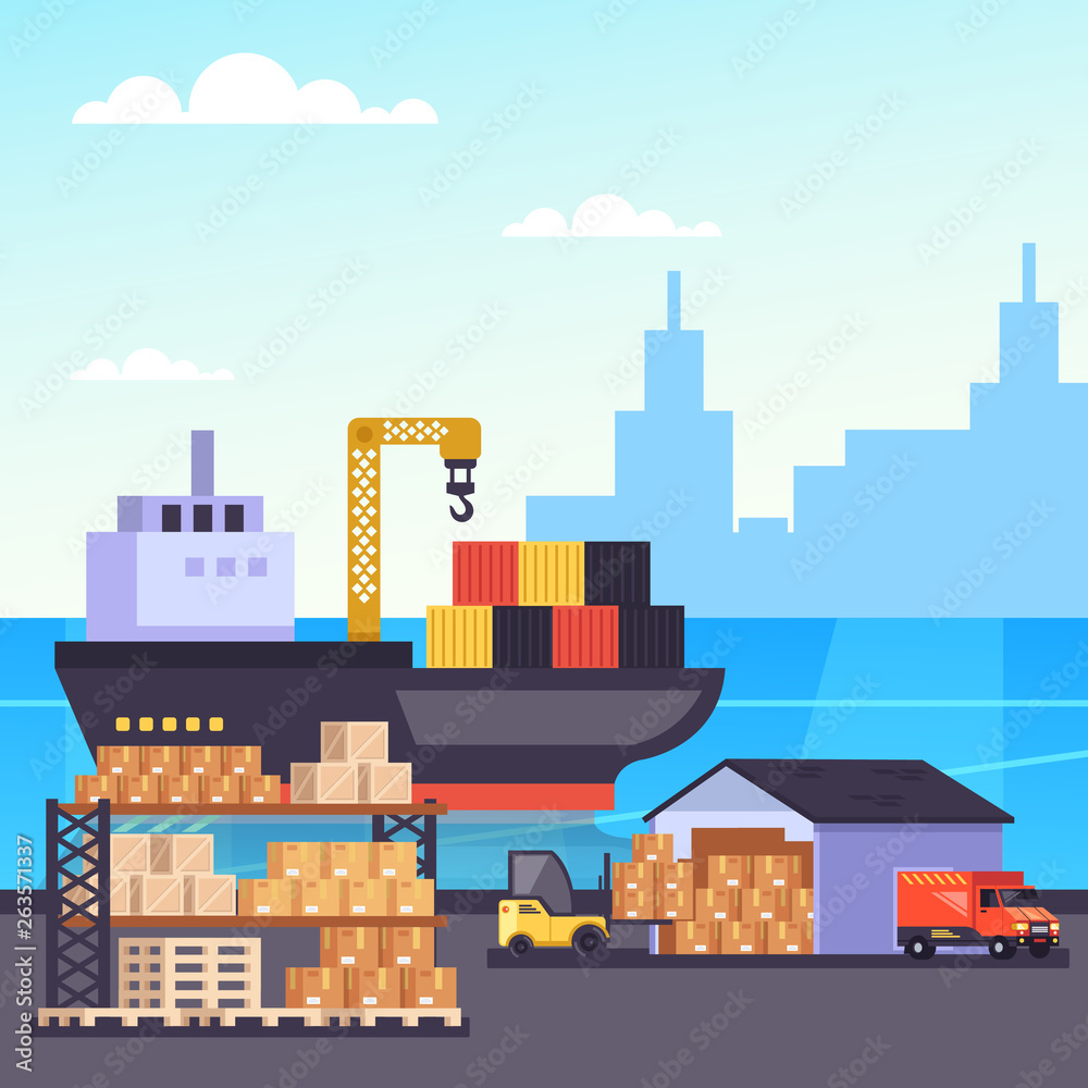 Big container freight ship in seaport harbor. Global cargo delivery shipping industry. Vector design graphic flat cartoon isolated illustration Big container freight ship in seaport harbor. Global cargo delivery shipping industry. Vector design graphic flat cartoon isolated illustration