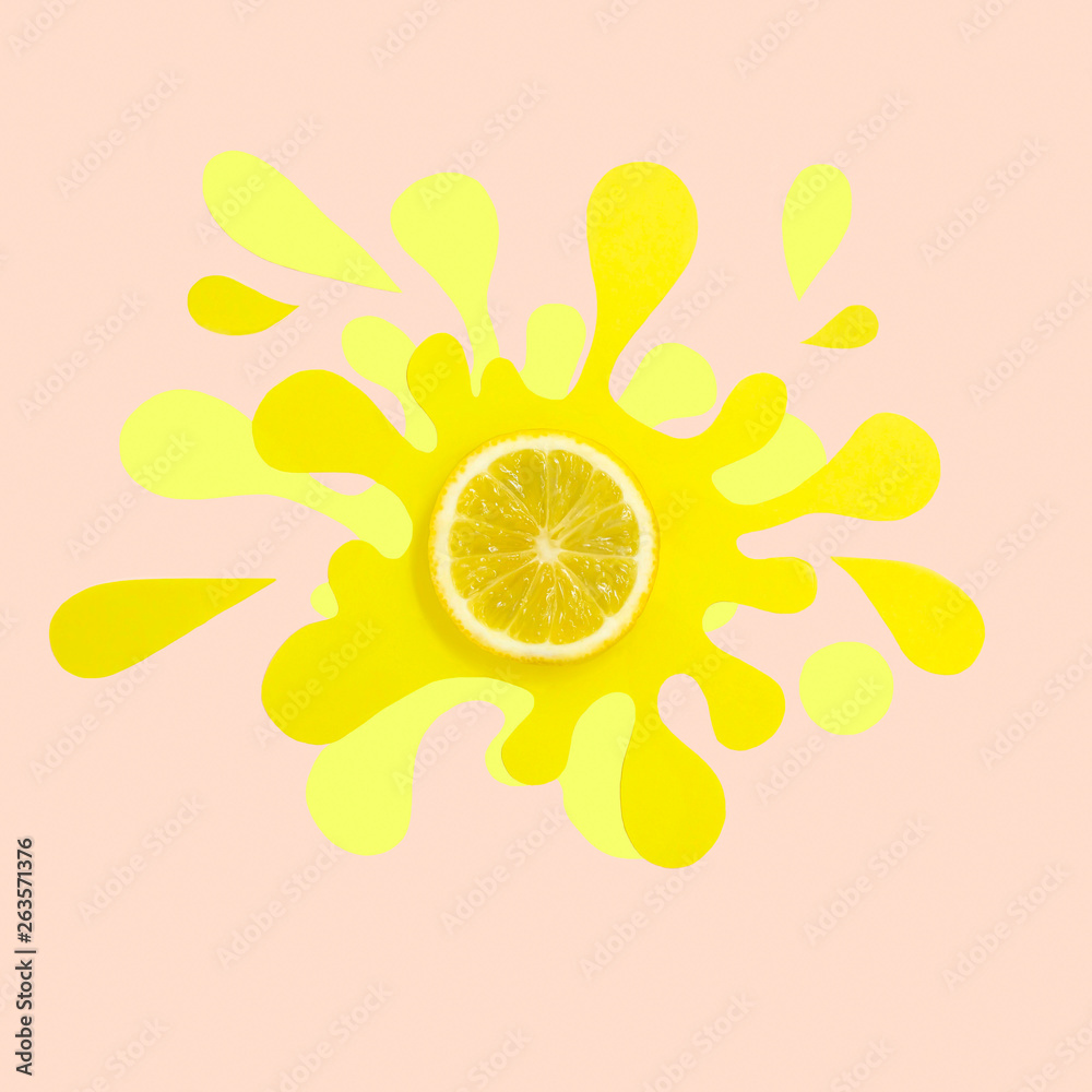 Lemon slice on paper napkin in form of splash and spray Lemon slice on paper napkin in form of splash and spray