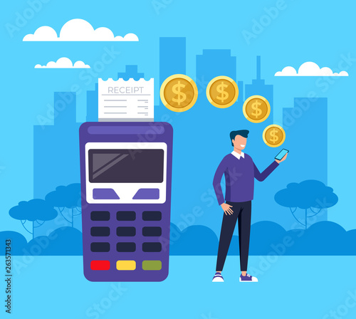 Man character paying by internet smartphone gadget. Online web wireless payment system concept. Vector flat cartoon graphic design illustration
