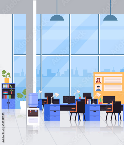 Big empty office interior workplace workspace concept. Vector flat cartoon graphic design illustration