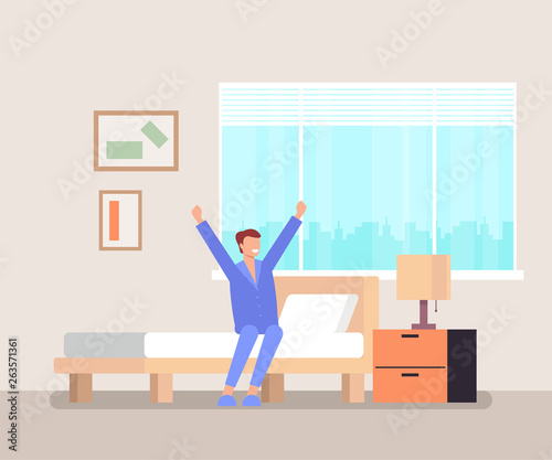 Man character waking up and sitting in bed and stretching. Good morning concept. Vector flat graphic design illustration
