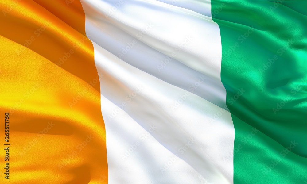 Obraz premium Realistic silk material Ivory Coast waving flag, high quality detailed fabric texture. 3d illustration