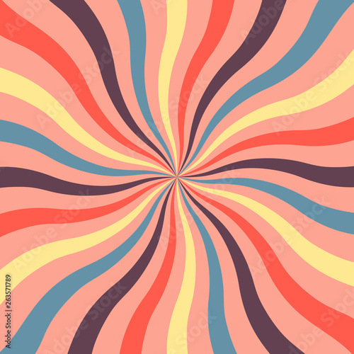 Bright retro background with wavy sunshine in modern colors of 2019. retro starburst style spiraling. flat vector