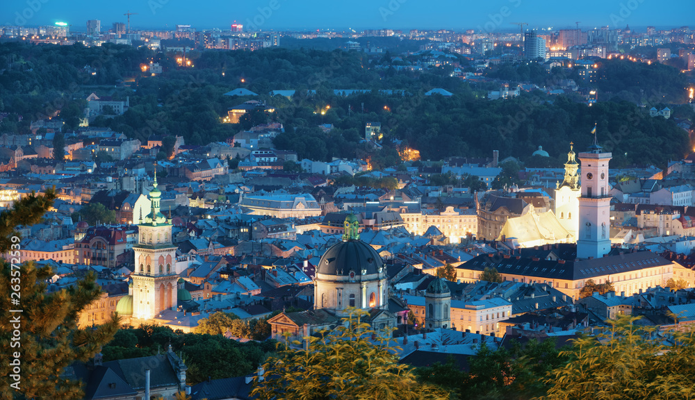 Lvov Skyline in the evening. Scenic view on Central part of the old city from High Castle Hill. Lviv, Ukraine