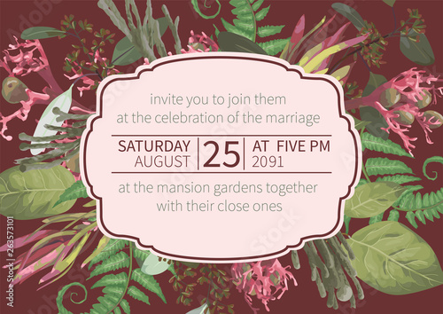 Plants, leaves, branches, brunia, blooming eucalyptus, leucadendron, gaultheria, salal, jatropha vector design gold frame.Wedding, flower card.Geometric horizontal.Editable
