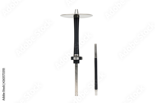Luxury black matte hookah and mouthpiece isolated on a white background. Metal details hookah.