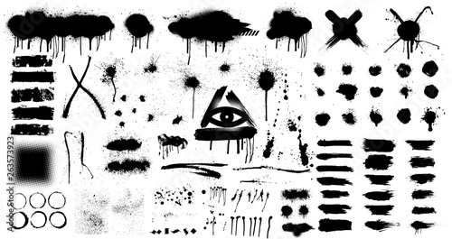 Very Big Collection of black paint, ink brush strokes, brushes, splashes, lines. Dirty artistic design elements. Spray graffiti stencil template. Isolated collection. Vector set