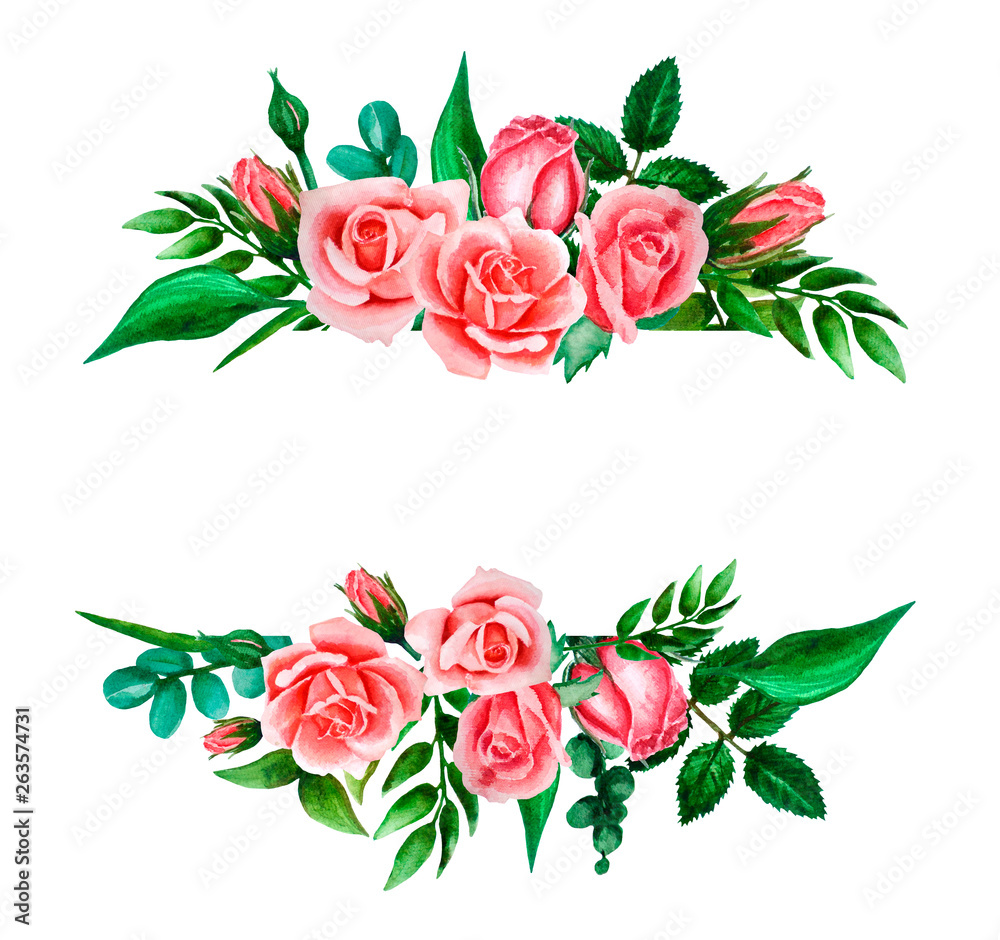 Bright watercolor composition of pink, coral roses and leaves. Template for wedding invitations hand-drawn, isolated on white.