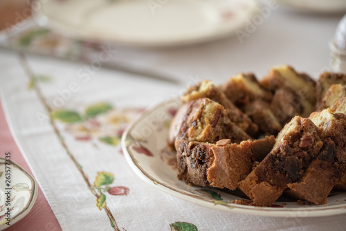Coffee cake on an elegantly set spring table.