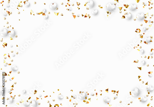 Background with white hearts and round beads strewn with golden confetti.