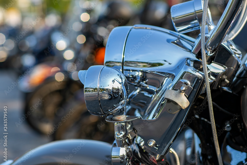 Fototapeta premium Powerful and beautiful motorcycles. Motorcycles and accessories in modern motorcycle custom store. Biker stuff. 