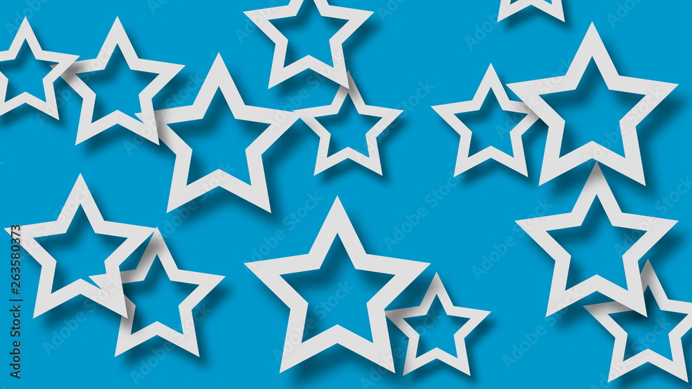 Abstract illustration of randomly arranged white stars with soft shadows on light blue background