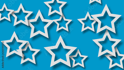 Abstract illustration of randomly arranged white stars with soft shadows on light blue background