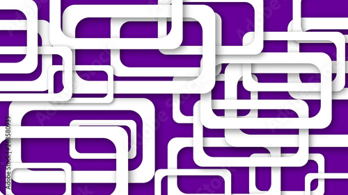 Abstract illustration of randomly arranged white rectangle frames with soft shadows on purple background
