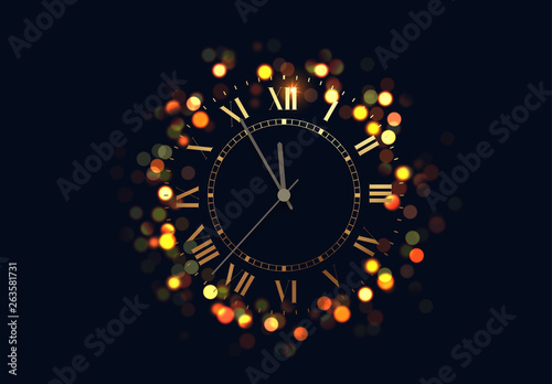 Holiday Background with shining vintage golden clock, bright glowing gold lights bokeh