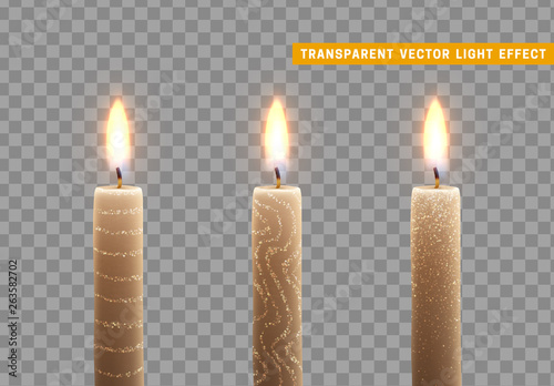 Candles burn with fire. Set of paraffin candles realistic isolated on transparent background.