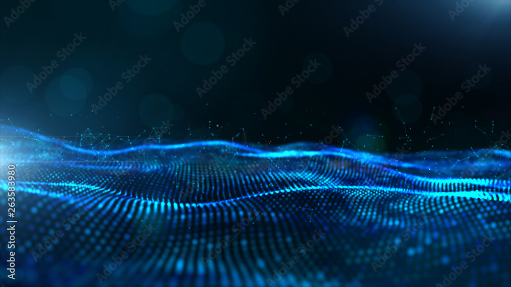 Abstract blue color digital particles wave with bokeh and light background Abstract blue color digital particles wave with bokeh and light background