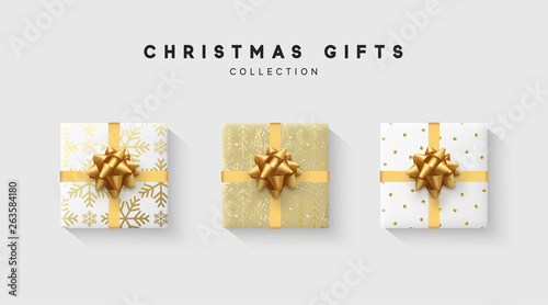Christmas collection of gift box with bow and ribbon, is packed in funny foil pattern winter