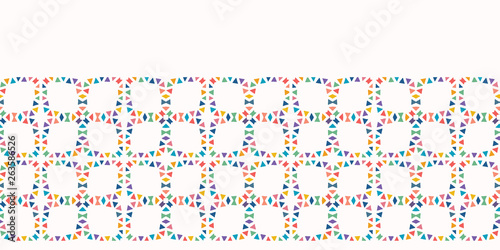 Geometric triangle cut out shapes. Vector border pattern seamless background. Hand paper cutting matisse style. Collage quilt illustration. Trendy home decor, kids fashion triangular ribbon trimming