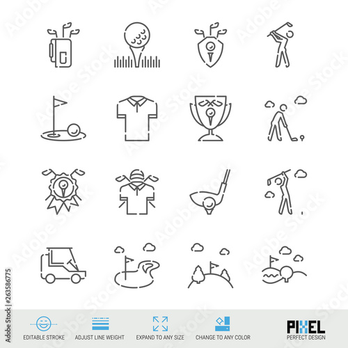 Vector Line Icon Set. Golf Related Linear Icons. Country Club Symbols, Pictograms, Signs