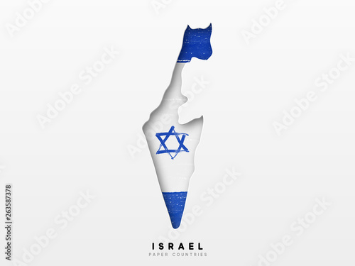 Israel detailed map with flag of country. Painted in watercolor paint colors in the national flag