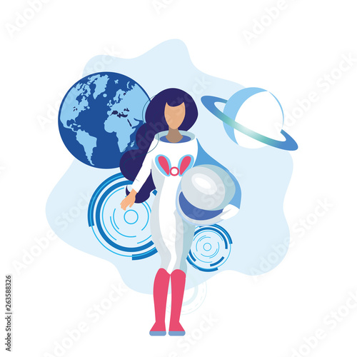Female Astronaut Holding Helmet Flat Illustration
